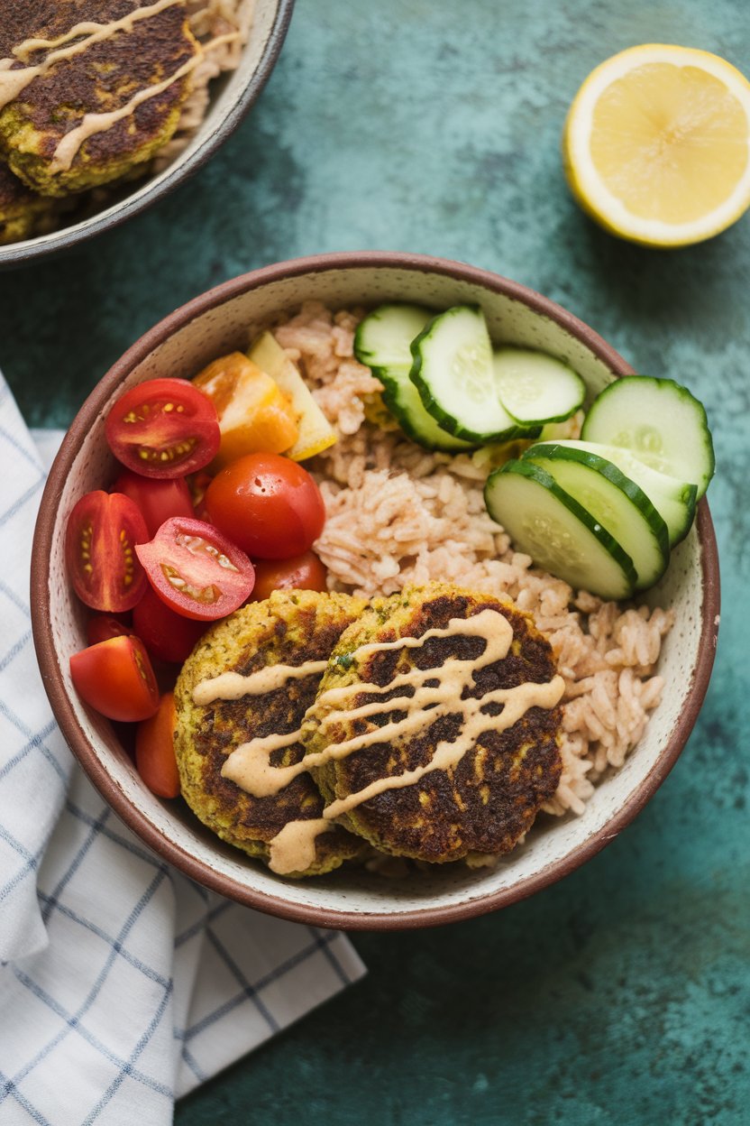An indoor tabletop with a ceramic bowl containing baked falafel patties, brown rice, cherry tomatoes, cucumber ribbons, and a lemon-tahini drizzle. No text or logos visible.