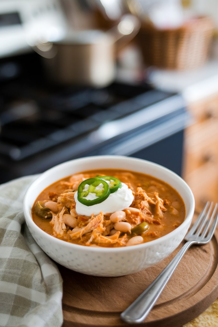 Indoor photo of a creamy chili with shredded chicken, white beans, and green chiles, garnished with sour cream and jalapeño slices; no logos or text.