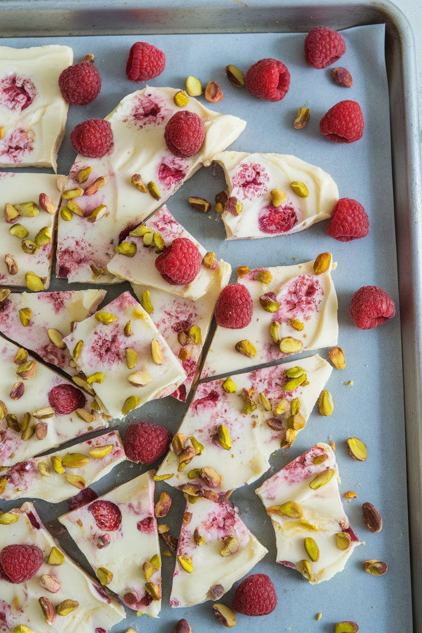 An indoor baking sheet lined with broken pieces of frozen yogurt bark studded with raspberries and pistachios. No text or logos. Photo, not illustration.