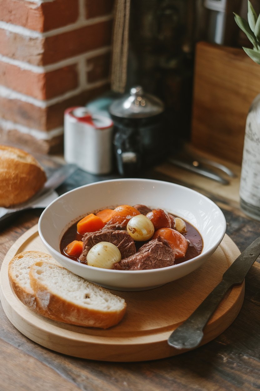 Indoor bistro table showing beef stew with pearl onions and carrots swimming in a wine-dark gravy. No text or logos. Photo.