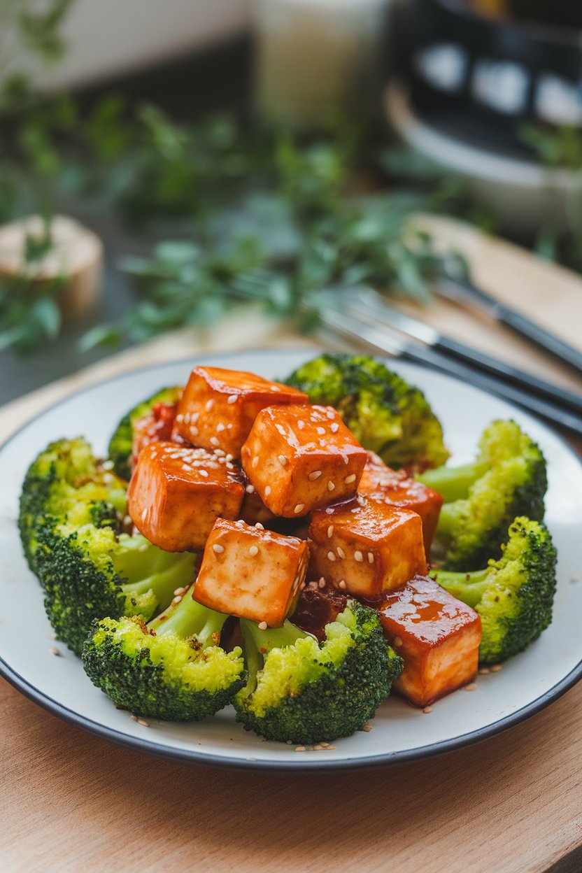 An indoor plate of glazed tofu cubes and bright green broccoli florets coated in teriyaki sauce, sesame seeds sprinkled over. No text or logos.