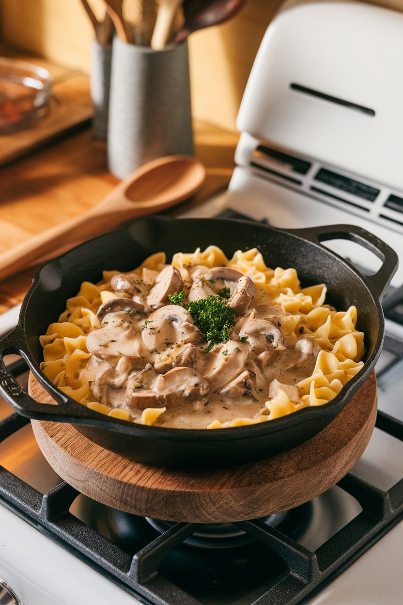 An indoor stovetop scene with a cast-iron skillet of creamy mushroom stroganoff over egg noodles, parsley scattered on top. No text or logos in frame. Photo only.