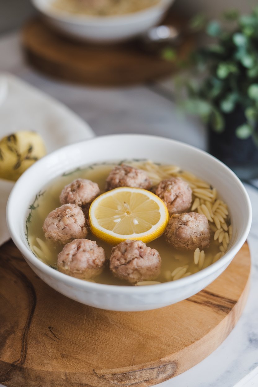 An indoor soup bowl of light broth, mini turkey meatballs, orzo, and lemon slice floating. No text or logos.