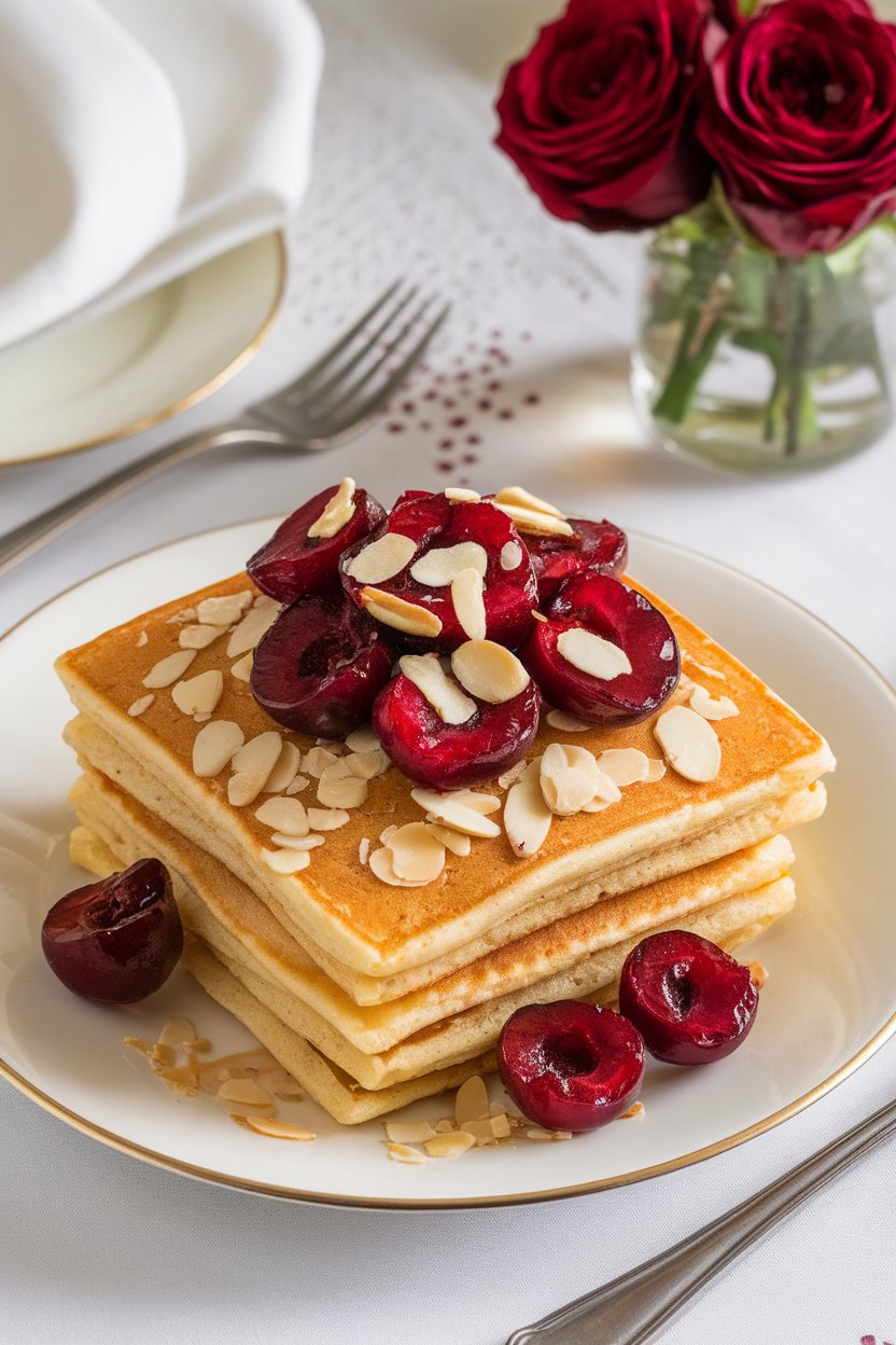 Pancake square topped with halved cherries and toasted almond slivers, indoor classic breakfast table, no text or logos.