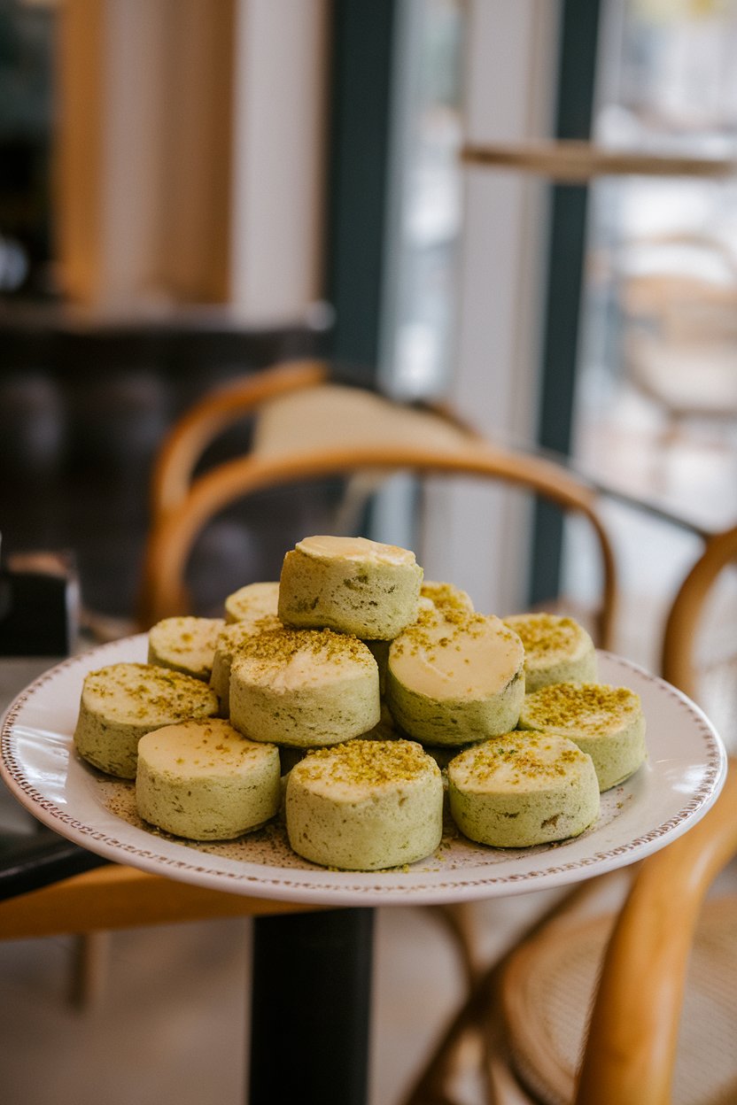 An indoor café plate featuring small rectangular financiers tinted green with finely ground pistachios, butter sheen on top. No text or logos.
