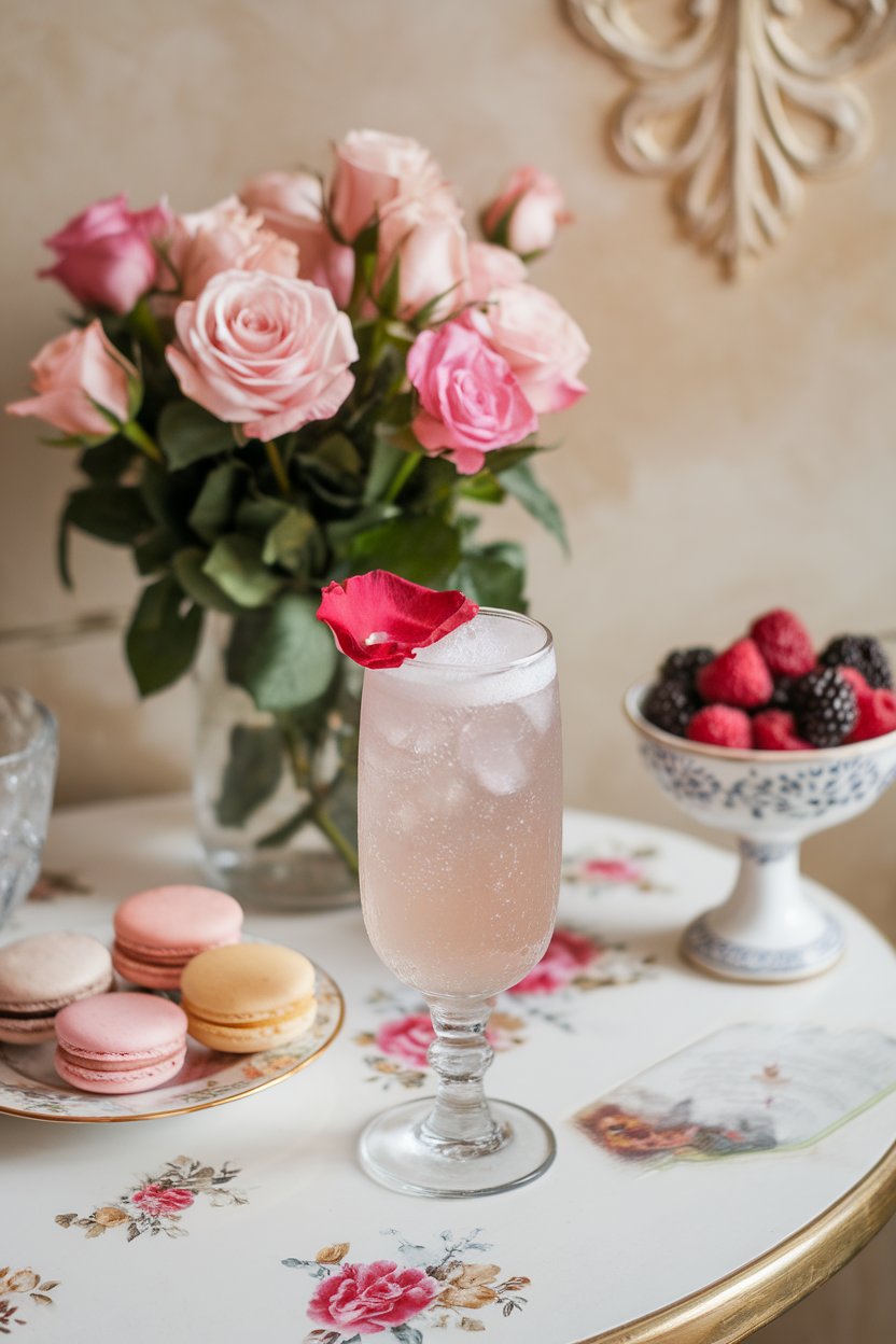 Indoor floral café table featuring a stemmed glass of pale pink bubbly lemonade, edible rose petal garnish. No text or logos.