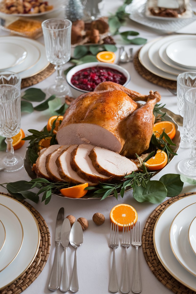 An indoor holiday table displaying sliced turkey breast with herbs and pan juices, cranberry sauce in background. No text or logos. Photo.