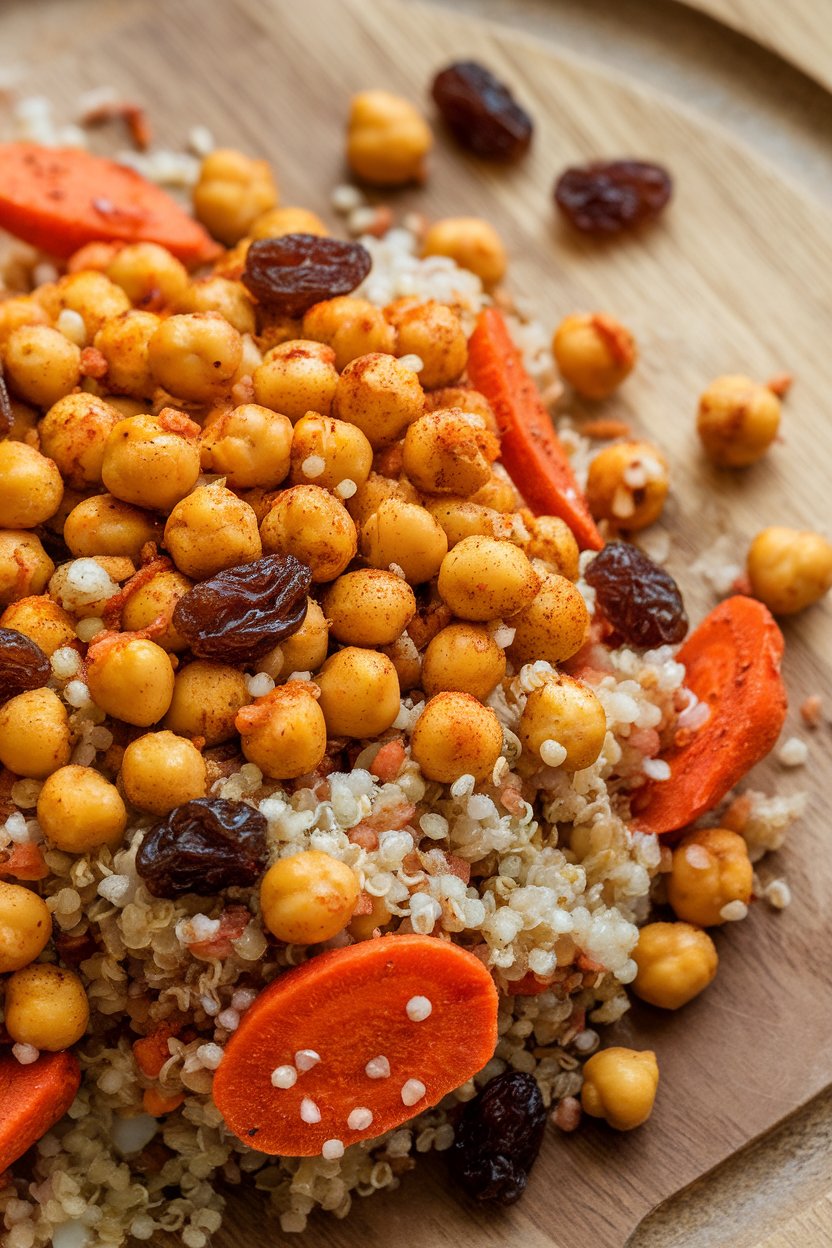 Photo indoors of colorful quinoa tossed with spiced chickpeas, roasted carrots, and raisins, no logos.