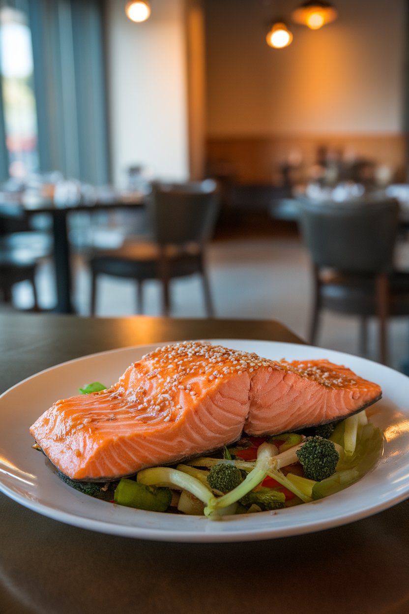 An indoor dining scene with a plate of flaky cooked salmon fillets glazed with ginger-miso sauce, sesame seeds sprinkled on top. No raw fish, no text or logos.