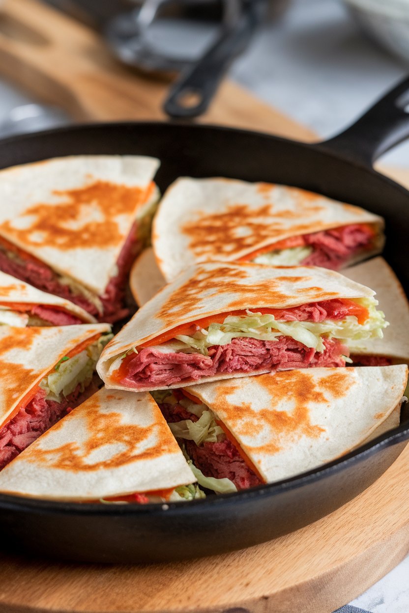 An indoor skillet holding golden quesadilla wedges filled with corned beef and shredded cabbage, cheese oozing slightly. No logos or text.