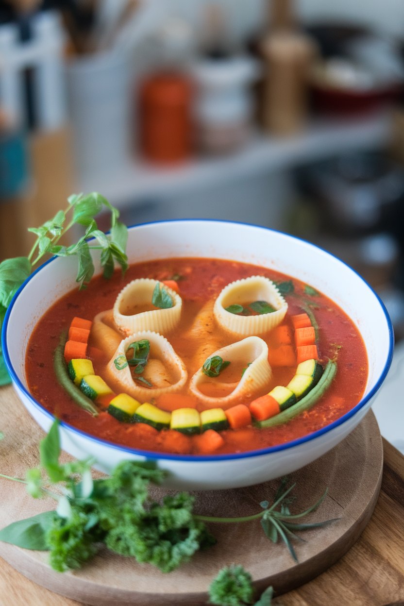 Indoor photo showing a rainbow of vegetables—zucchini, carrots, green beans—floating with pasta shells in a tomato-flecked broth; no logos or text.