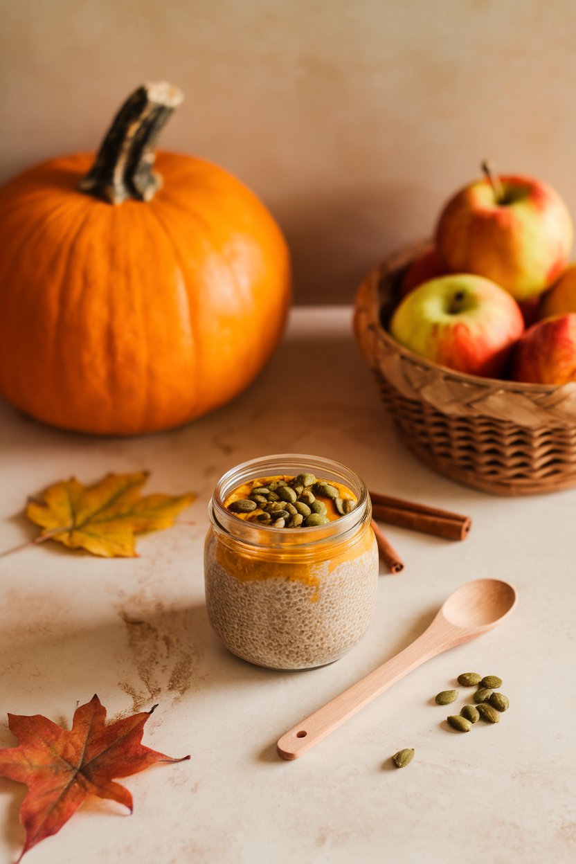 An indoor autumn-themed countertop with a small jar of pumpkin chia pudding topped with pepitas; no text or logos. Photo only.