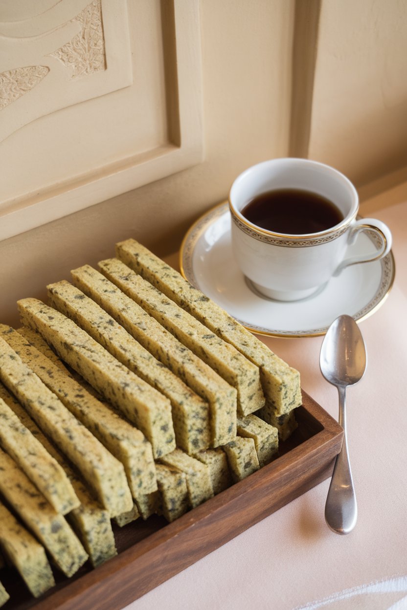 An indoor scene with long green-flecked biscotti slices and a cup of tea, photo style, no text or logos.