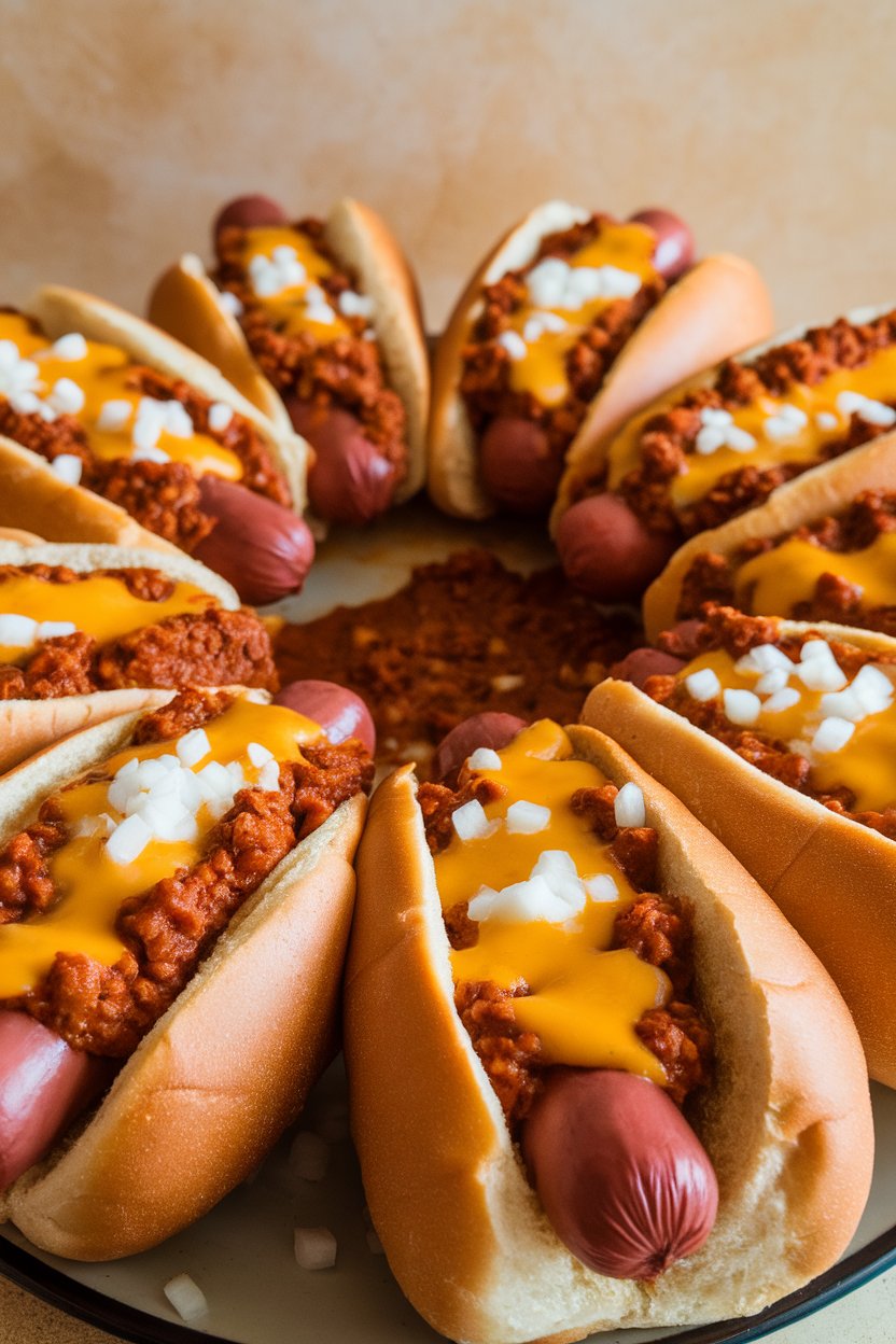 Indoor photo of beef hot dogs nestled in buns, smothered with thick chili and melted cheddar, sprinkled with diced onions; no text or logos.