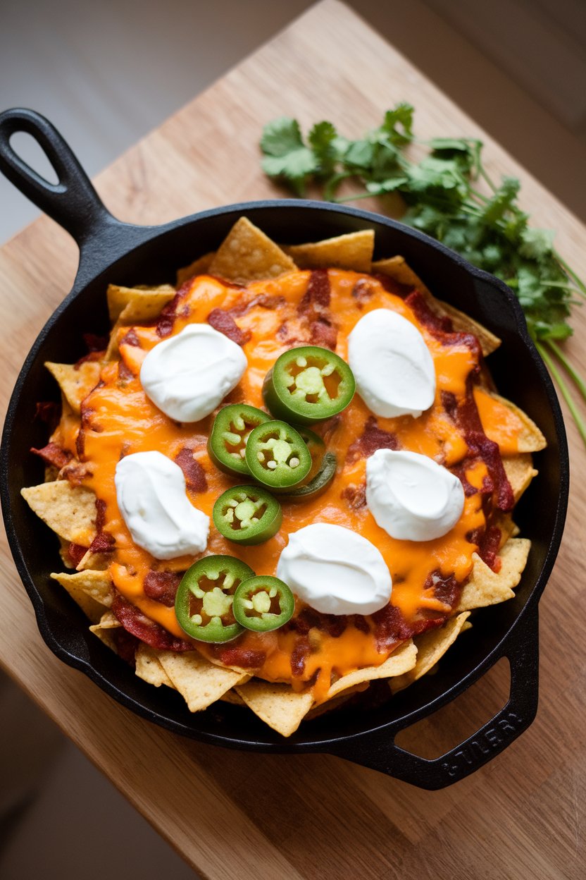 Indoor photo of a sizzling cast-iron skillet layered with tortilla chips, melted cheddar, jalapeños, and dollops of sour cream, shot from a slight overhead angle. No text or logos present.