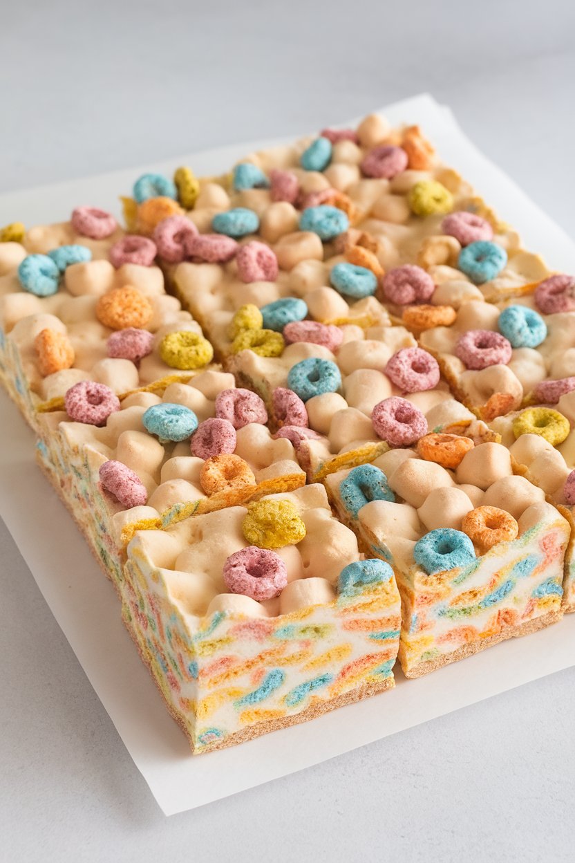 Indoor photo of marshmallow-cereal bars cut into squares, colorful cereal charms visible on top, no text or logos