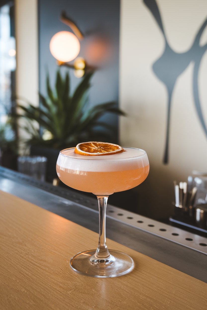 An indoor modern bar with coupe glass of soft-pink sour, dried citrus wheel floating, frothy top; photo, not illustration; no text or logos.