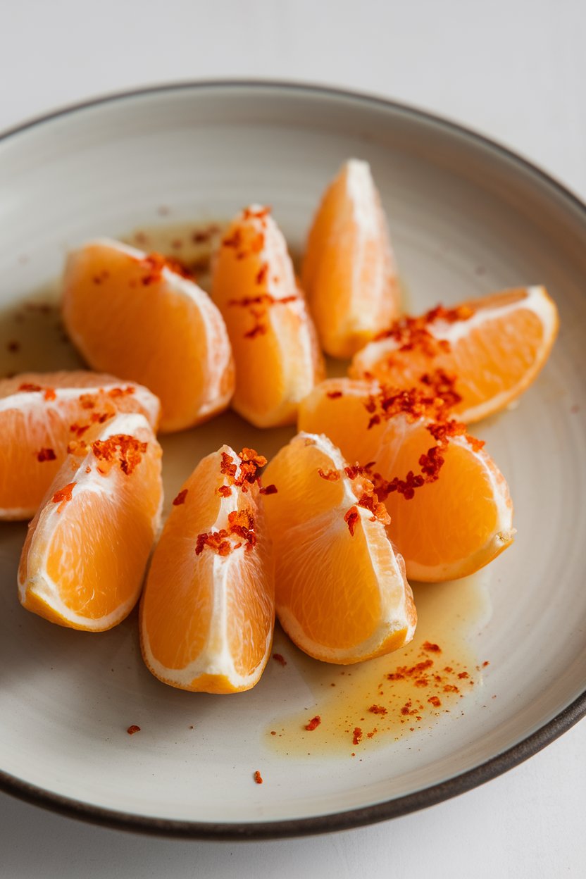 Indoor plate of mandarin segments sprinkled with reddish chili salt, slight glisten of juice. Photo, no text or logos.