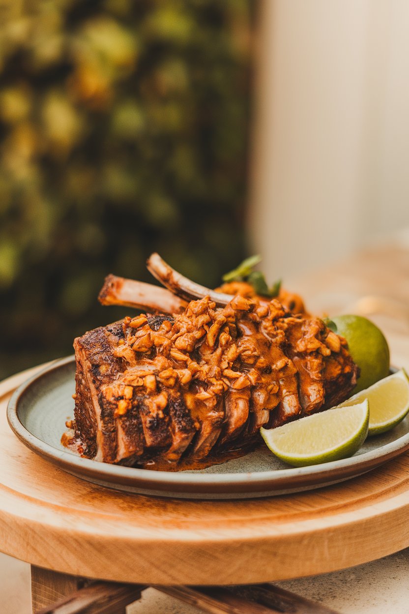 Indoor photo of short ribs with cumin-spiced sauce, lime wedges on plate; no text or logos