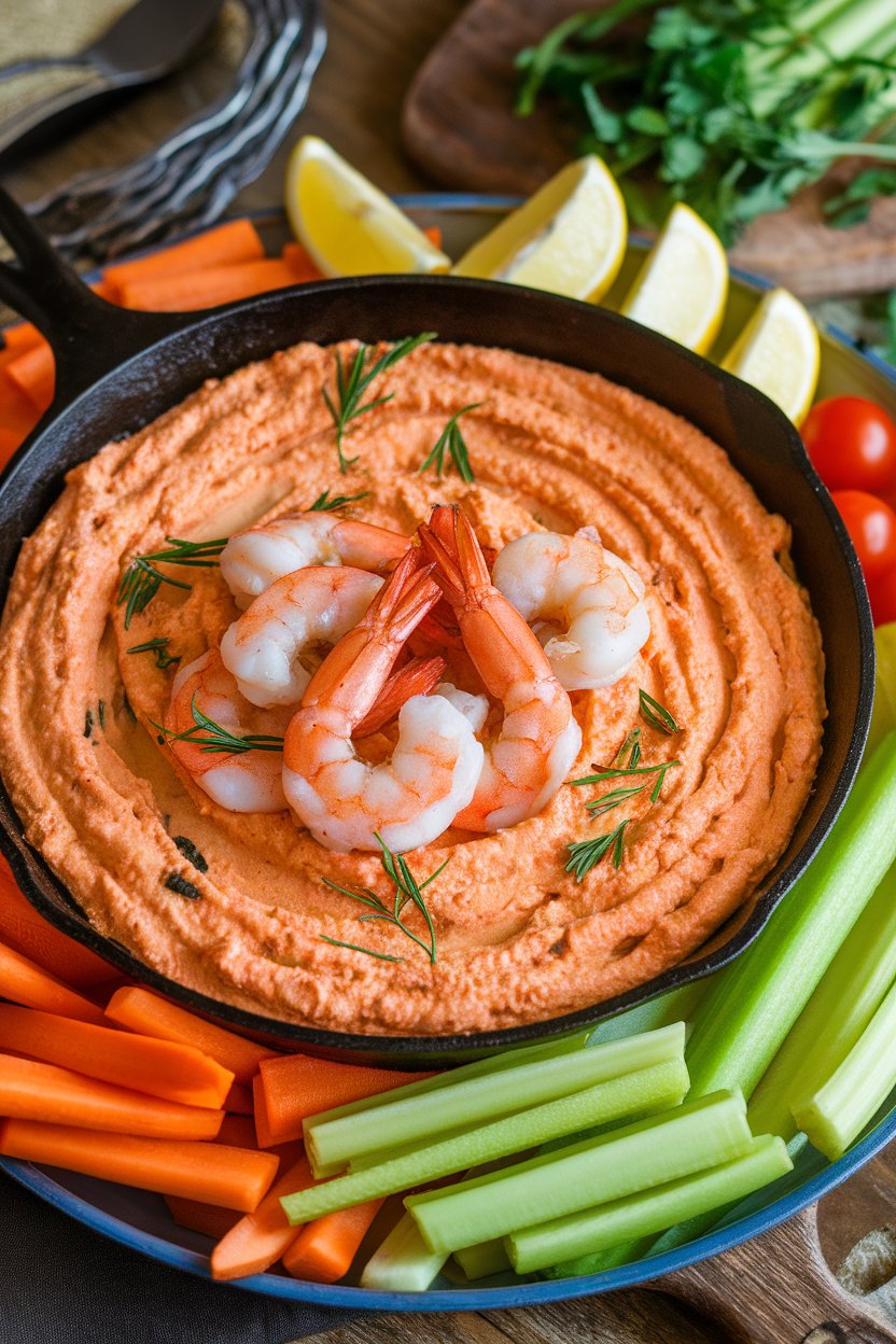 Photo of an indoor appetizer platter with a cast-iron skillet of creamy Cajun shrimp dip, shrimp tails peeking out, lemon wedges on the side. No branding or text.