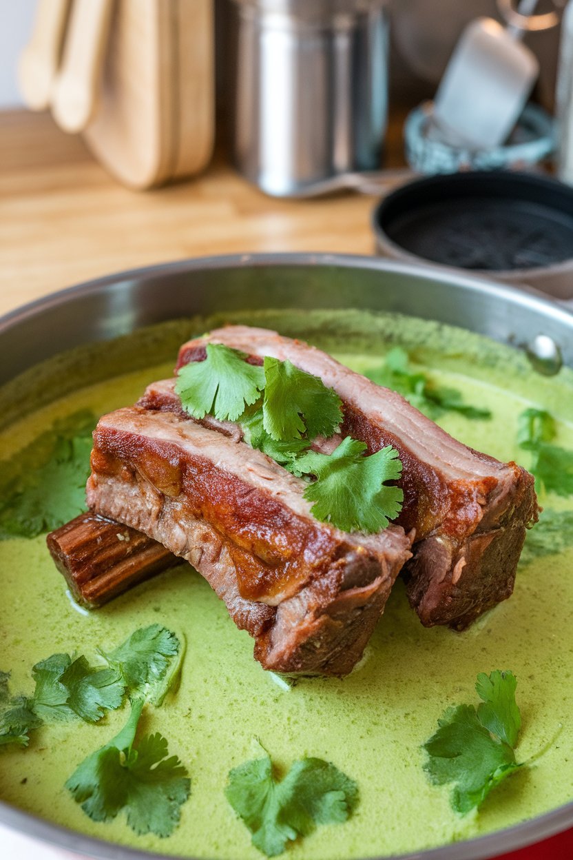 Indoor photo of short ribs in light green chile sauce, cilantro leaves scattered; no text or logos