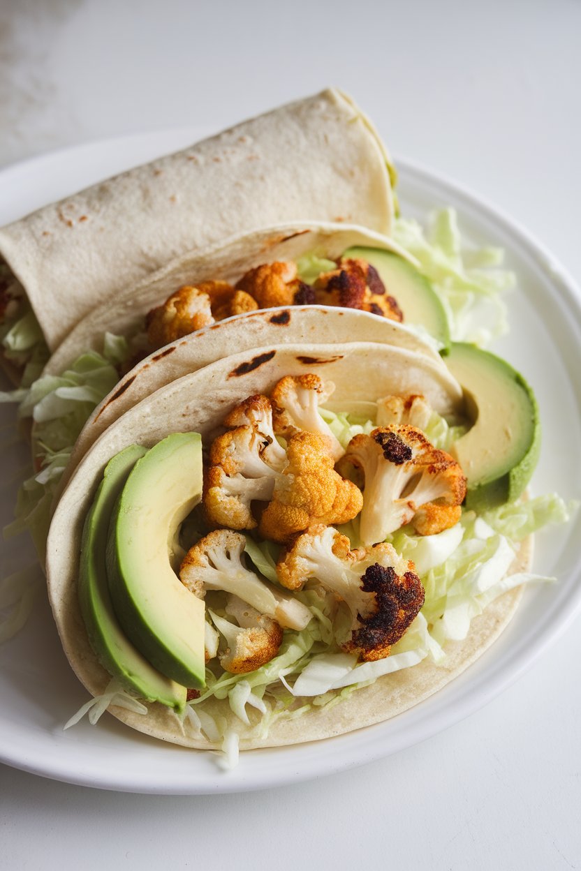 An indoor scene showing corn tortillas filled with roasted cauliflower florets, shredded cabbage, and avocado slices on a white plate. No text or logos.