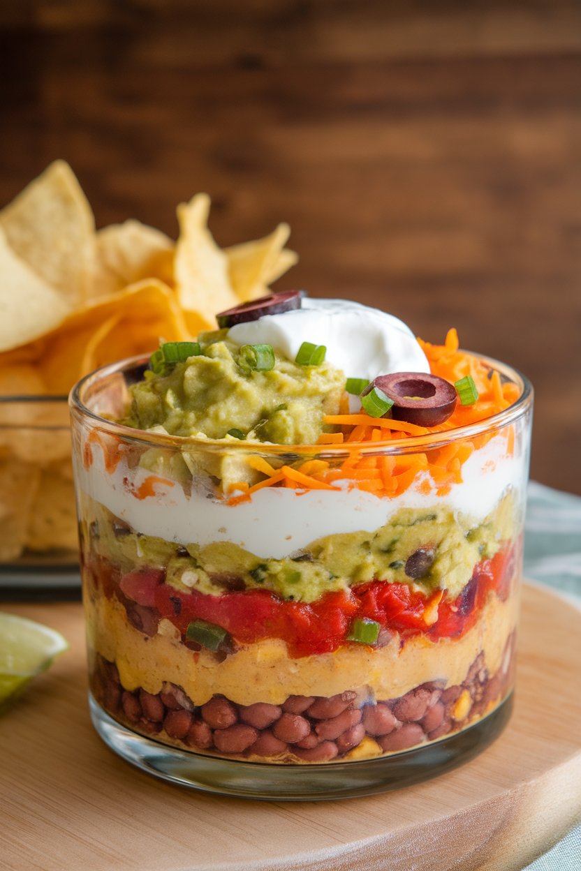 Indoor photo of a glass dish showing visible layers of refried beans, guacamole, sour cream, salsa, cheese, olives, and green onions; no text or logos.