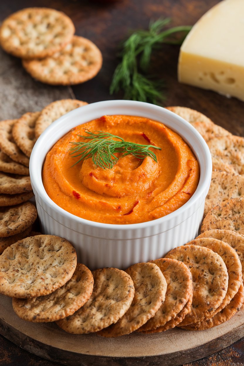 Indoor photo of a ramekin filled with bright orange roasted red pepper feta dip, surrounded by multigrain crackers. No logos or text.