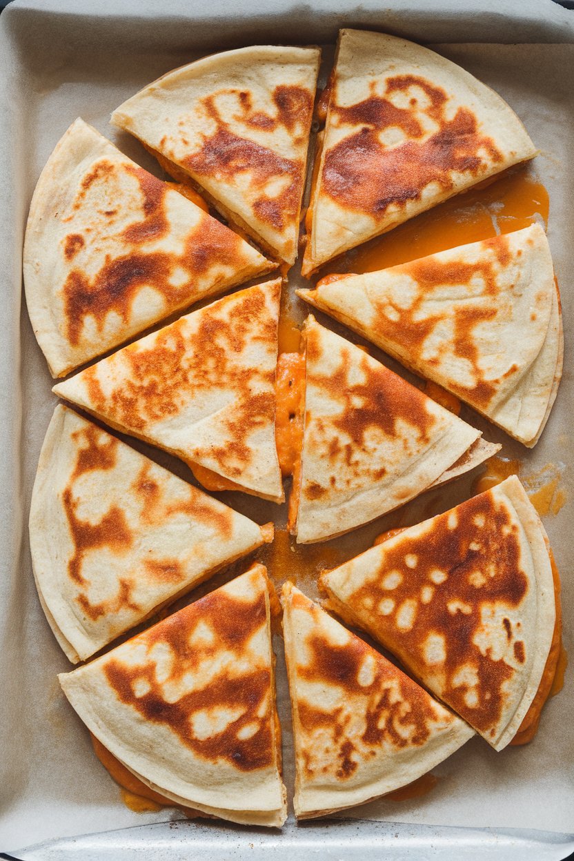 Photo of Buffalo chicken quesadilla slices on a sheet pan, orange sauce peeking out, indoor setting, no text or logos.