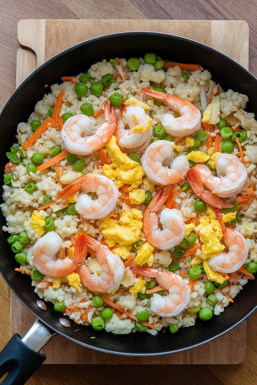 Indoor photo of a skillet containing cauliflower rice stir-fried with peas, carrots, scallions, and juicy shrimp, dotted with scrambled egg pieces. No text or logos.