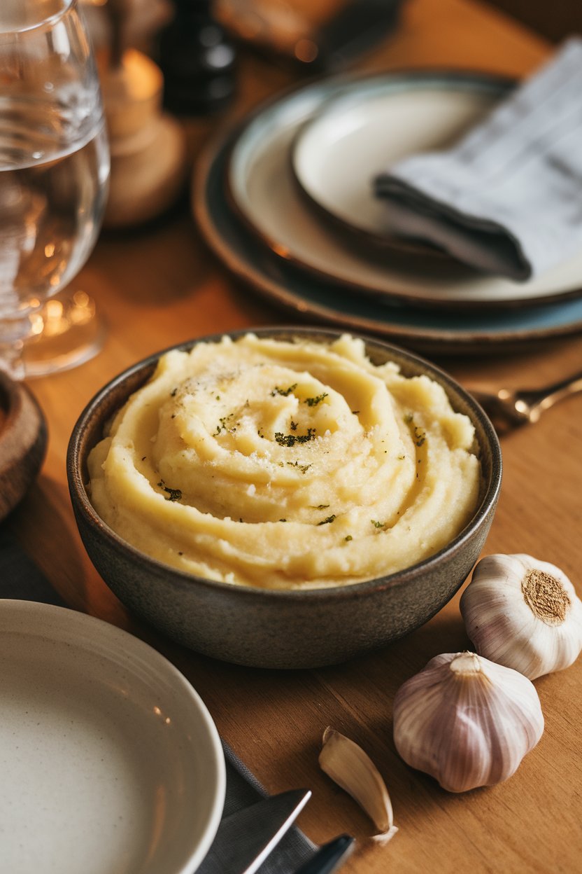An indoor dining table with a bowl of mashed potatoes swirled with butter and parmesan, garlic cloves visible beside the dish. No logos or text. Photo.
