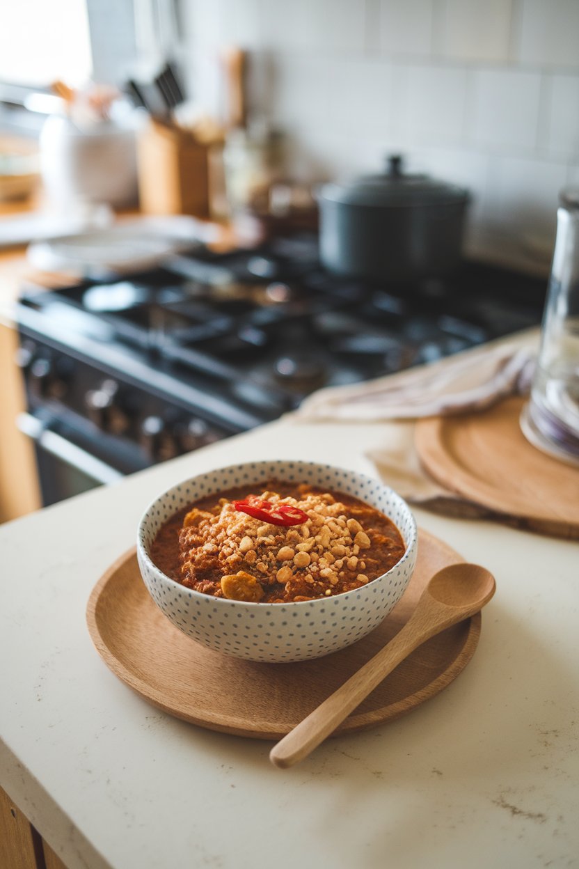 An indoor kitchen island with a bowl of tempeh chili, topped with crushed peanuts and red chili slices. No logos or text.