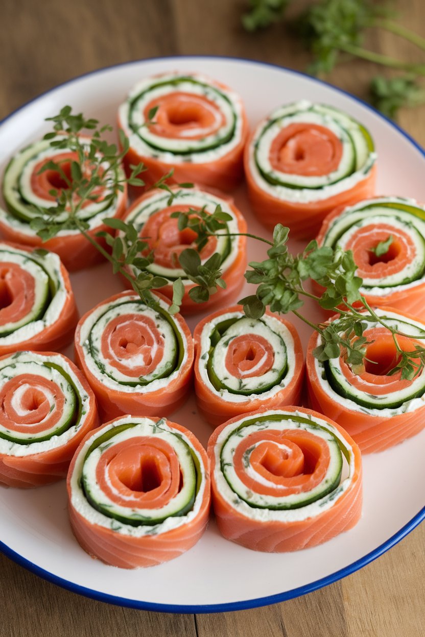 An indoor plate with pinwheels made from smoked salmon wrapped around herbed cream cheese and cucumber strips—no text or logos. Photo, not illustration.
