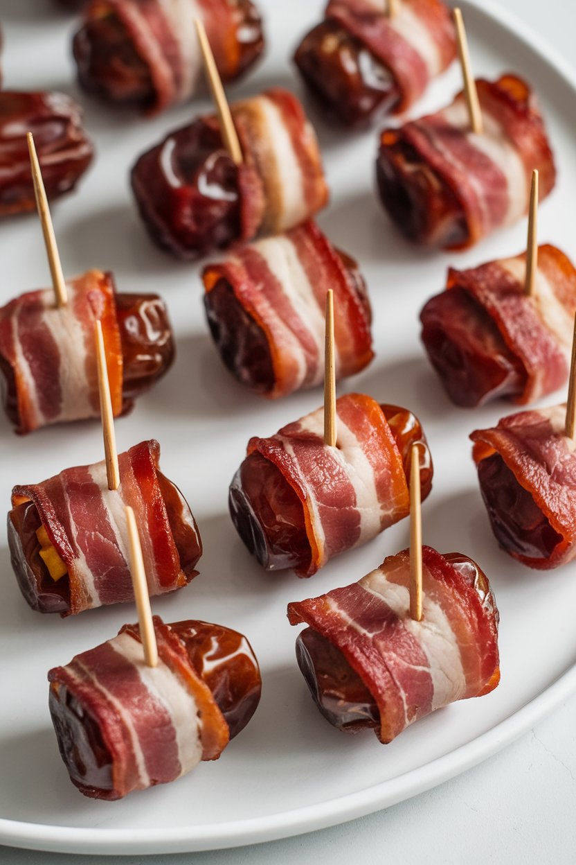 Indoor close-up photo of bacon-wrapped Medjool dates on a white platter with toothpicks inserted. No logos or text present.