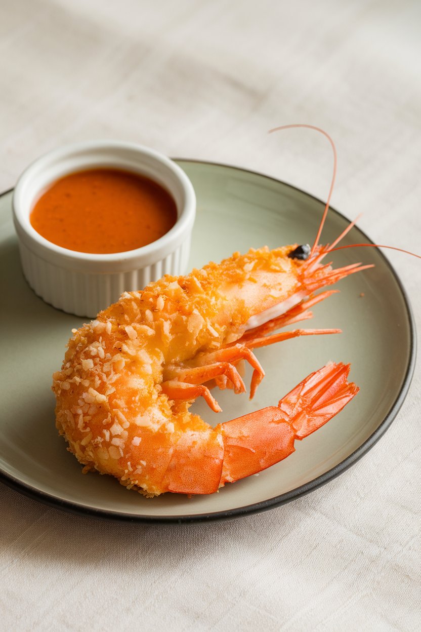 An indoor countertop with a plate of golden coconut-crusted shrimp, a small ramekin of sweet chili sauce nearby, no text or logos.