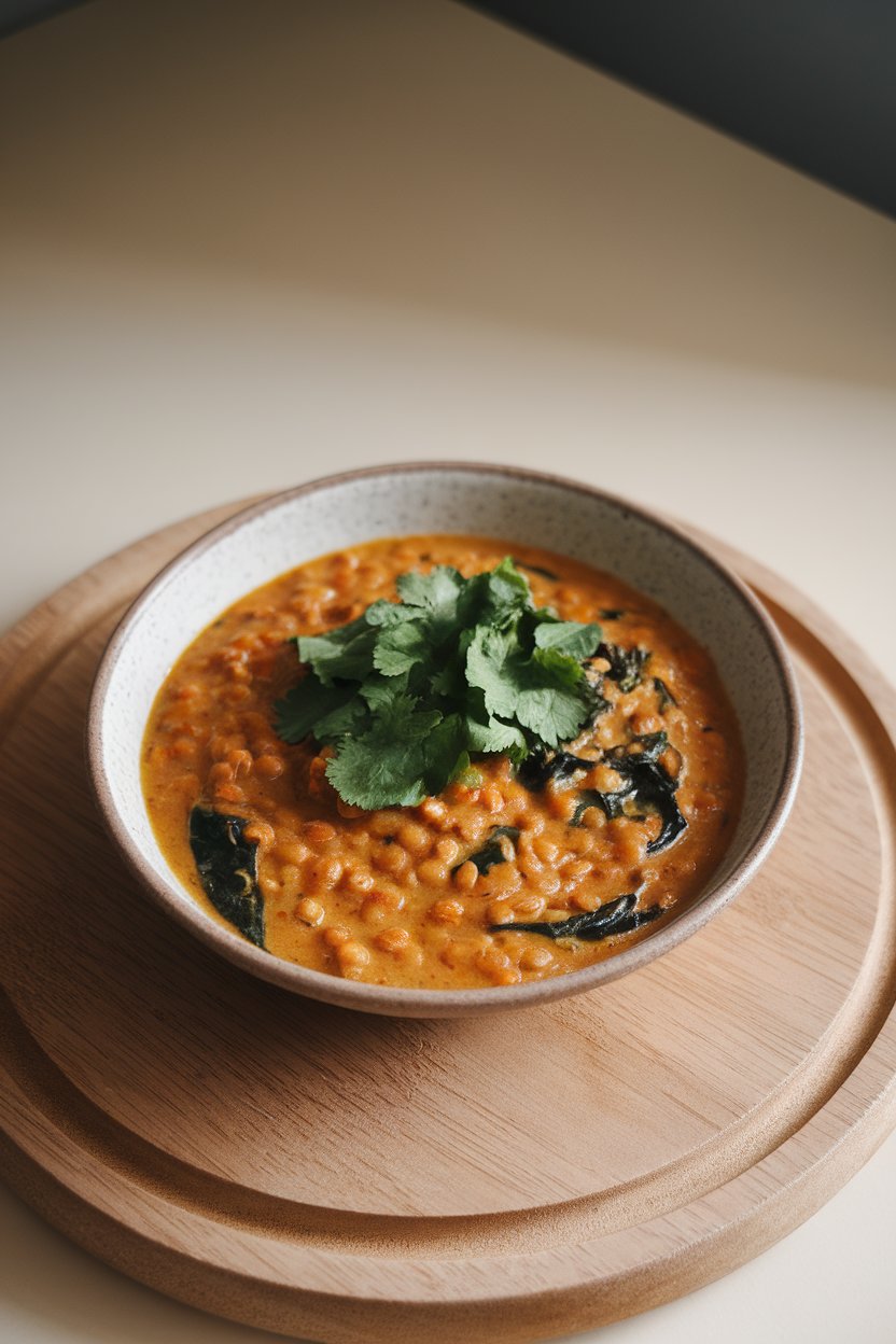 Indoor photo of a shallow bowl of red lentil curry with spinach leaves in light coconut sauce, topped with cilantro. No text or logos.