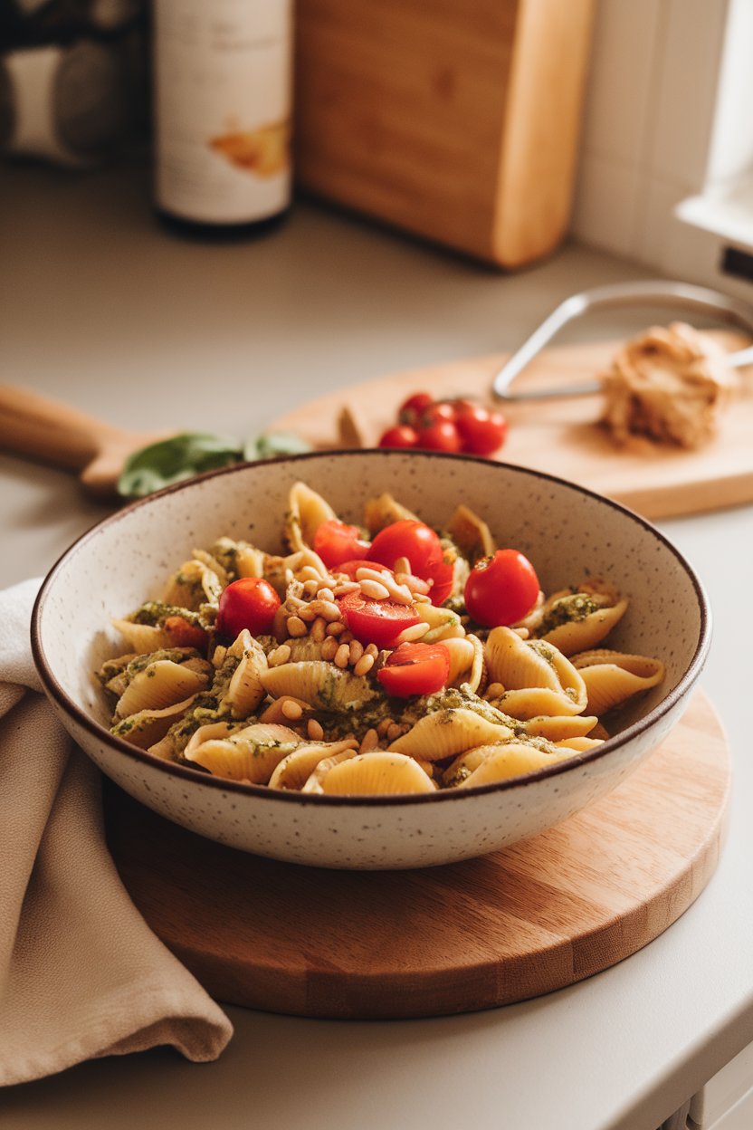An indoor kitchen island with a bowl of cooked chickpea pasta shells tossed in basil pesto and cherry tomatoes, sprinkled with pine nuts. No text or logos in view.