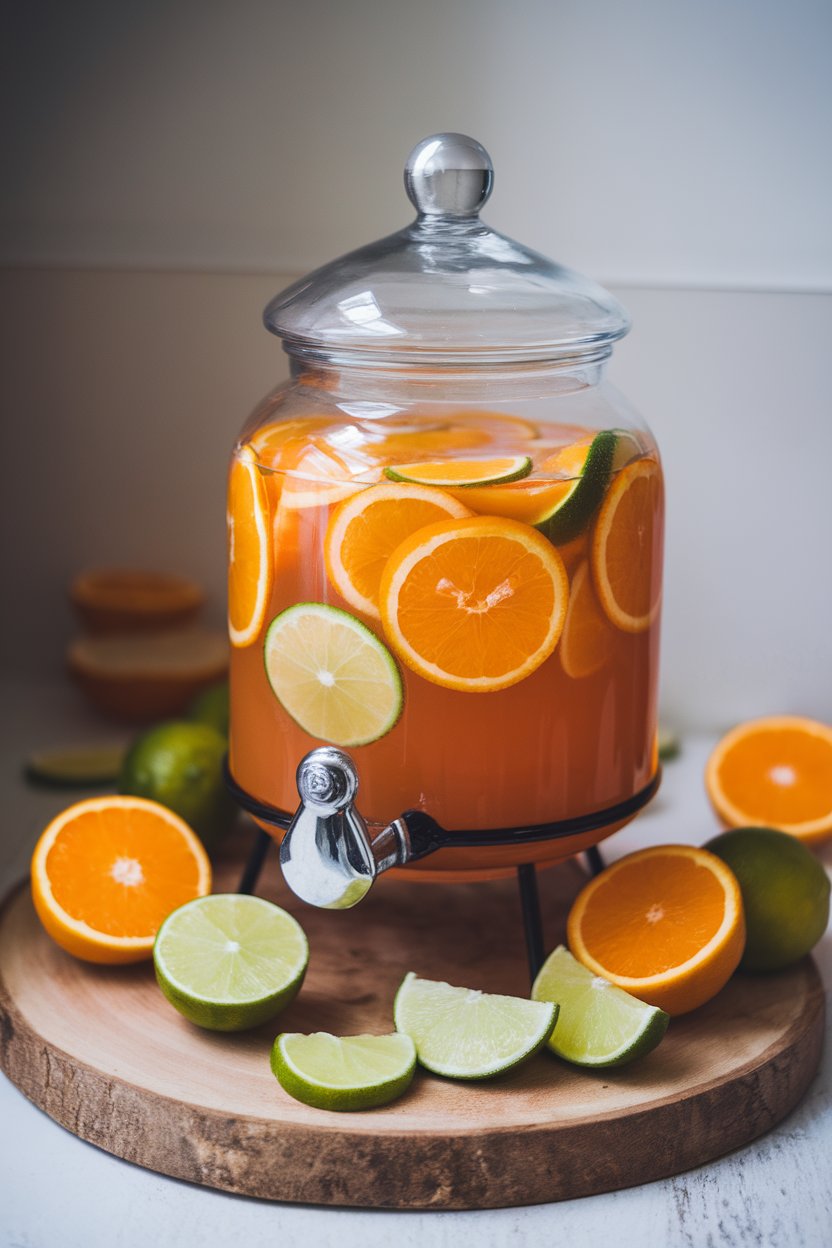 Indoor photo of a glass drink dispenser filled with orange and lime slices floating in bright punch, no text or logos.