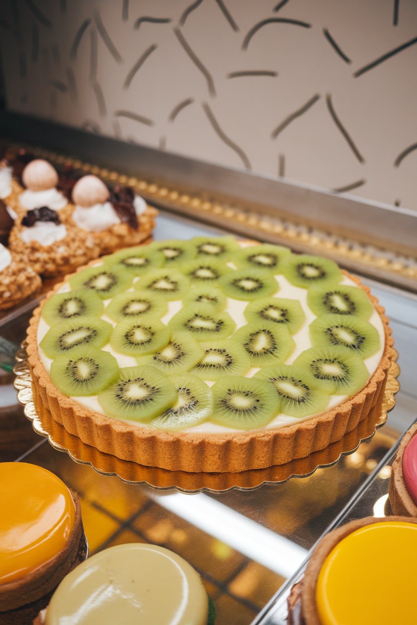 An indoor patisserie counter featuring a round tart topped with concentric kiwi slices over glossy pastry cream in a golden crust. Photo only, no text or logos.