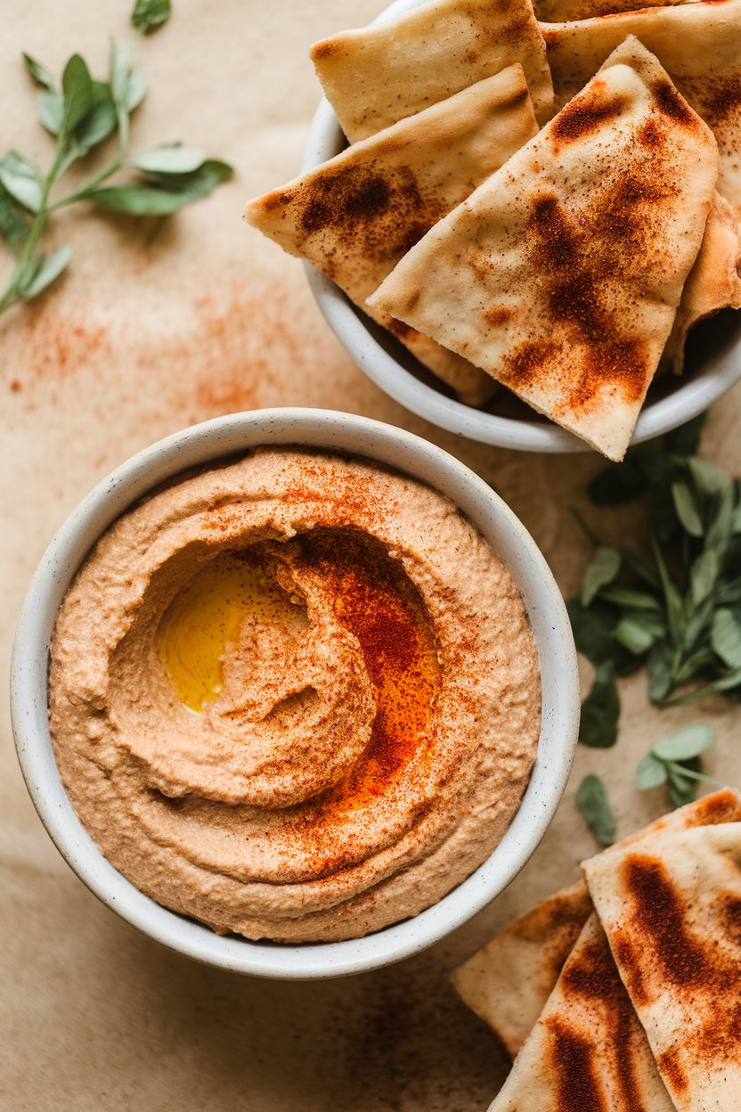 Indoor photo of a bowl of creamy hummus surrounded by homemade pita chips dusted with Cajun spices; no text or logos