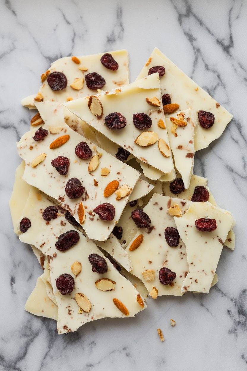Shards of white chocolate bark speckled with dried cherries and toasted almond slices, laid out on an indoor marble surface. No logos present.