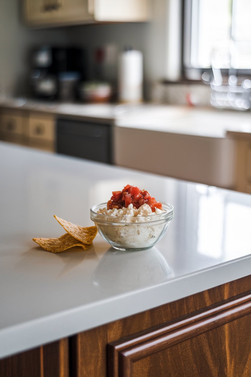 An indoor kitchen island with a small bowl of cottage cheese topped with chunky tomato salsa, tortilla chip on the side for scale; no logos.