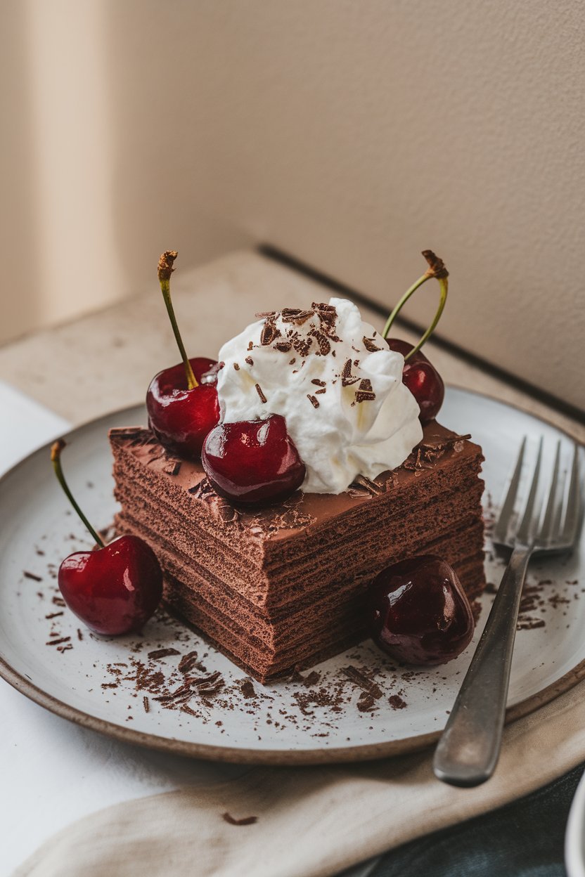 Dark cocoa pancake square with cherries and a dollop of whipped cream, chocolate shavings sprinkled, indoor setting, no text or logos.