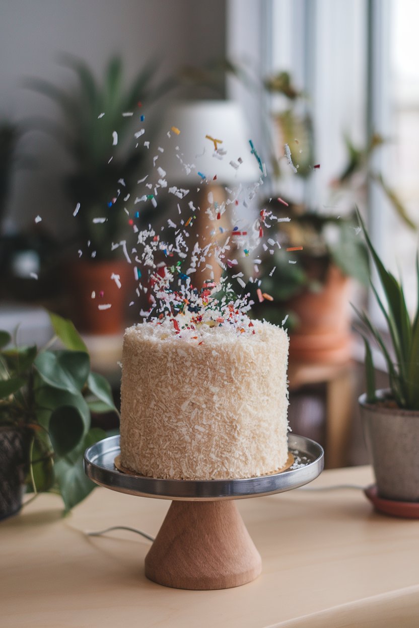 An indoor cake stand with a tall coconut cake covered in shredded coconut “snow,” confetti sprinkles burst from the top—no text or logos.