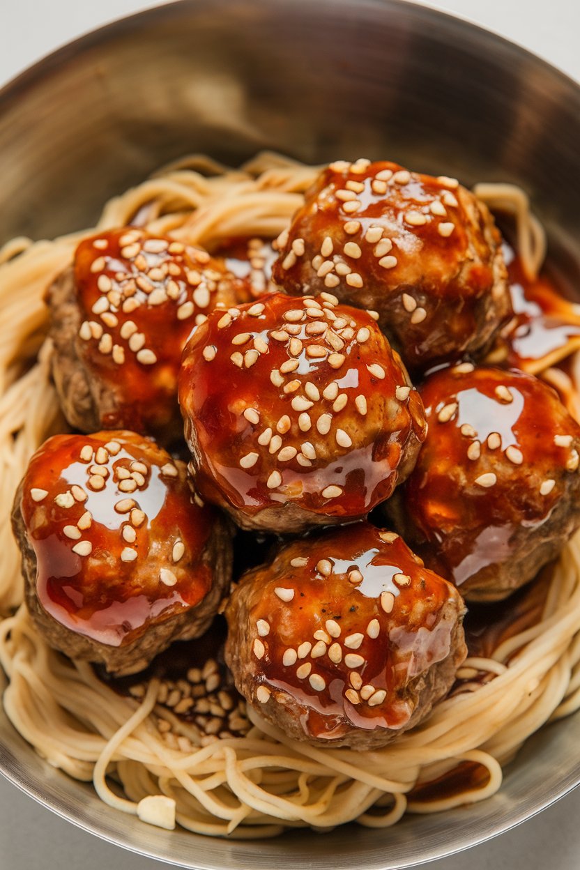 Indoor photo of glossy beef meatballs coated in teriyaki sauce, garnished with sesame seeds in a shallow bowl. No text or logos.