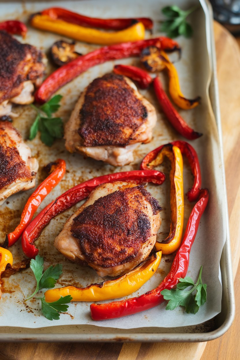 Indoor photo of chipotle-rubbed chicken thighs with roasted red and yellow pepper strips on a parchment-lined sheet pan. No text or logos.