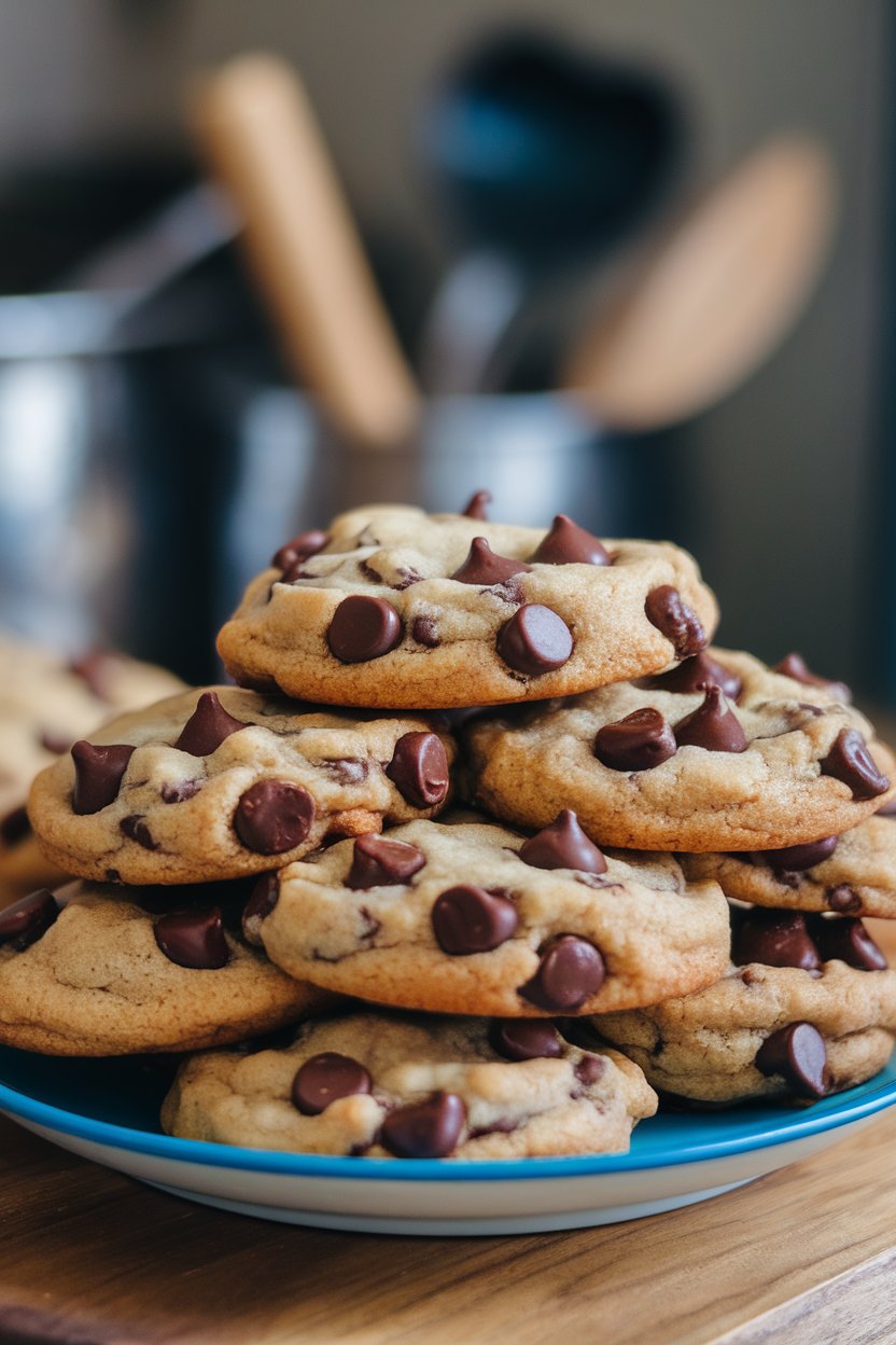 Indoor photo of a plate stacked with gooey chocolate chip cookies, chocolate still shiny; no text or logos.