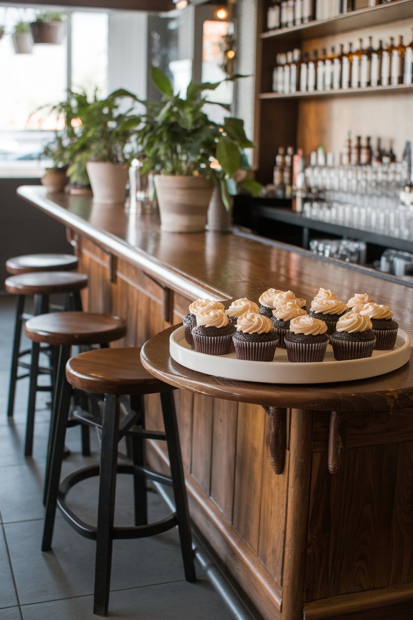 An indoor pub-style wooden bar with dark chocolate cupcakes topped with stout-spiked frosting, no text or logos. Photo only.
