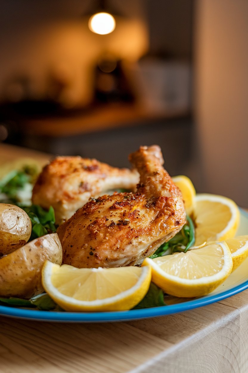 An indoor dinner plate with golden chicken pieces, baby potatoes, and lemon slices glistening under warm light. No text or logos; photo only.