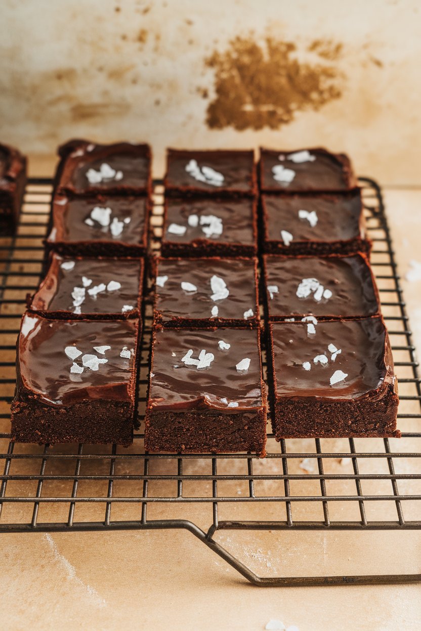 An indoor baking rack with glossy fudgy brownies cut into squares, each topped with a pinch of flaky sea salt. Photo, no text or logos.